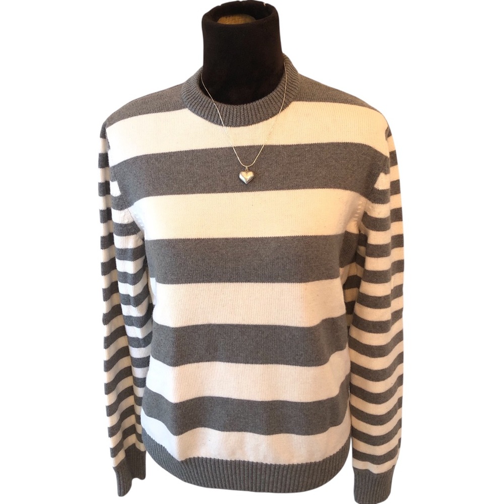 Eleventy Light Grey and Cream Striped Crewneck
